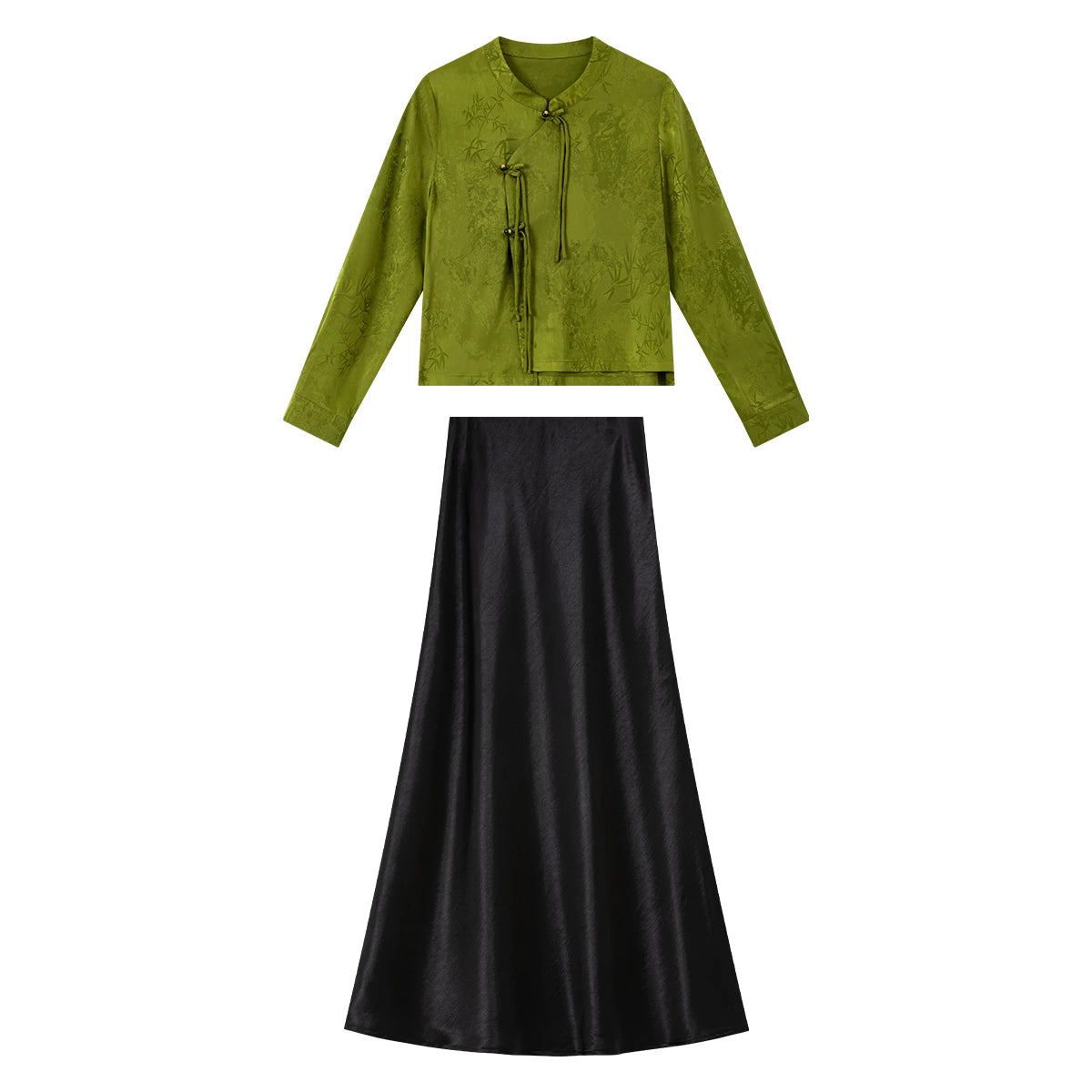 VIMLY New Chinese Style Women's Two-piece Set Autumn 2026 Long Sleeve Top Satin Midi Skirt Elegant Fashion Matching Outfit 31785 - Matrix-studios.com