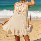 Solid Color Handmade Crochet Splicing Wooden Ear Dress Women Beach Bikini Cover Up Summer Holiday Hollow Out Sarong Short Dress - Matrix Studios