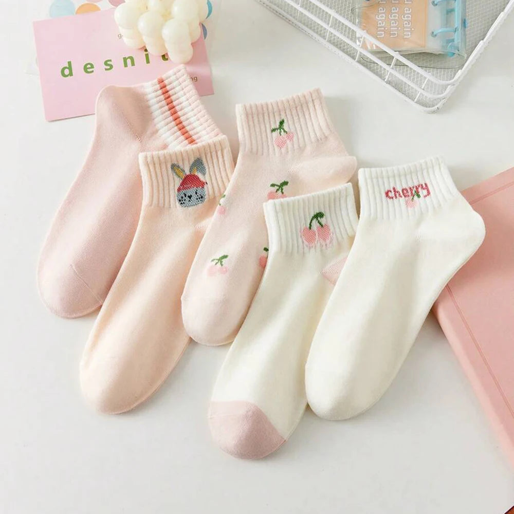 5/10 Pairs Women Striped Ankle Socks Fashionable Breathable Comfortable Spring Summer Cute Pink Fruit Pattern Casual Socks - Matrix Studios