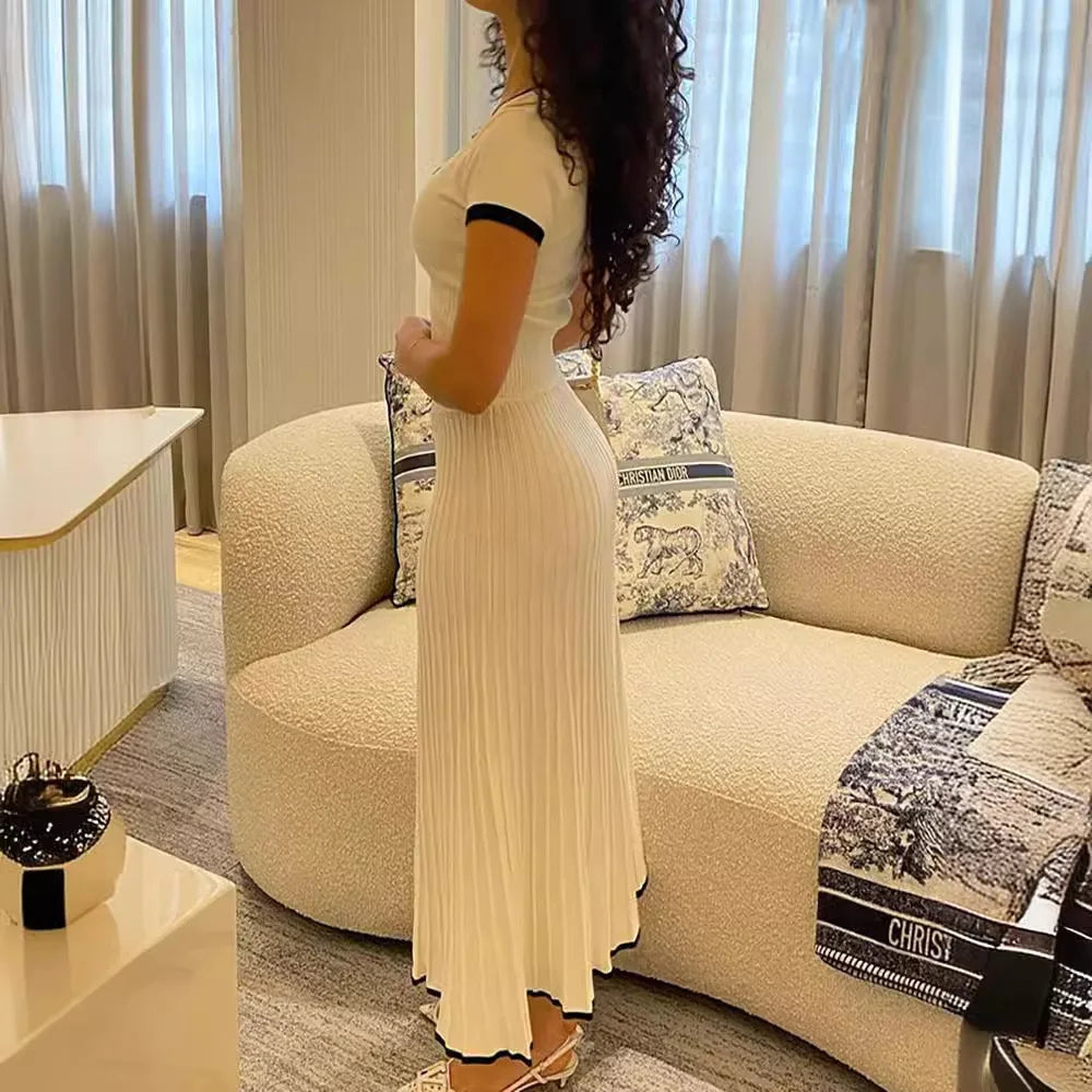 2024 Summer Women White long Skirt Suit Short Sleeve V-neck crop top pleated set elegant dress 2 piece skirt set Plus Size S-3XL - Matrix-studios.com