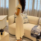 2024 Summer Women White long Skirt Suit Short Sleeve V-neck crop top pleated set elegant dress 2 piece skirt set Plus Size S-3XL - Matrix-studios.com