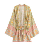 Boho Queens Multi Floral Print Sashes Short Kimono Women Bohemian V Neck Batwing Sleeves Rayon Robe Beach Bikini Cover-up - Matrix Studios
