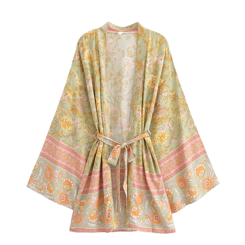 Boho Queens Multi Floral Print Sashes Short Kimono Women Bohemian V Neck Batwing Sleeves Rayon Robe Beach Bikini Cover-up - Matrix Studios