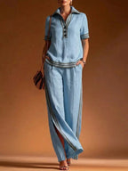 Women 2 Piece Linen Set Lapel Collar Half Button Short Sleeve High Waist Split Elegant Casual Loose Summer Wide Leg Long Pants - Matrix-studios.com