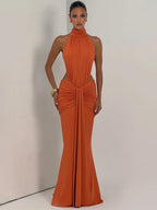 Mozision Turtleneck Backless Sexy Maxi Dress Women Gown Elegant Off-shoulder Sleeveless Ruched Bodycon Club Party Long Dress - Matrix-studios.com