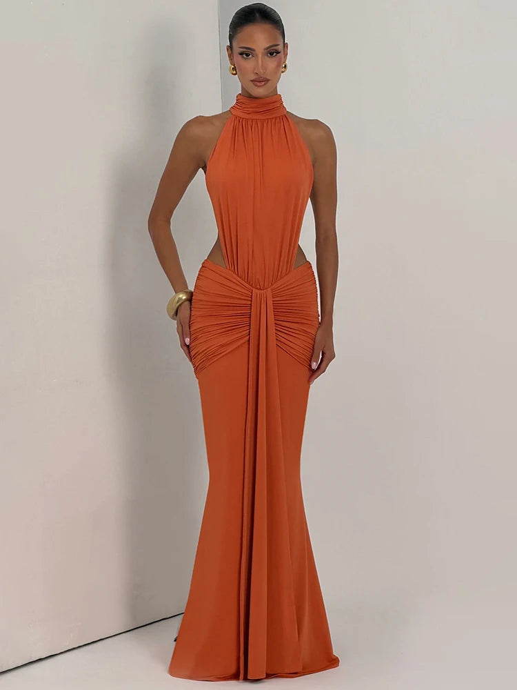 Mozision Turtleneck Backless Sexy Maxi Dress Women Gown Elegant Off-shoulder Sleeveless Ruched Bodycon Club Party Long Dress - Matrix-studios.com