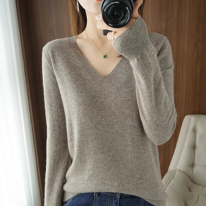 New Cashmere Women's V-neck Pullover Lace Neck Hollow Out Design Casual Knitted Long Sleeve Women's Sweater Autumn And Winter - Matrix-studios.com