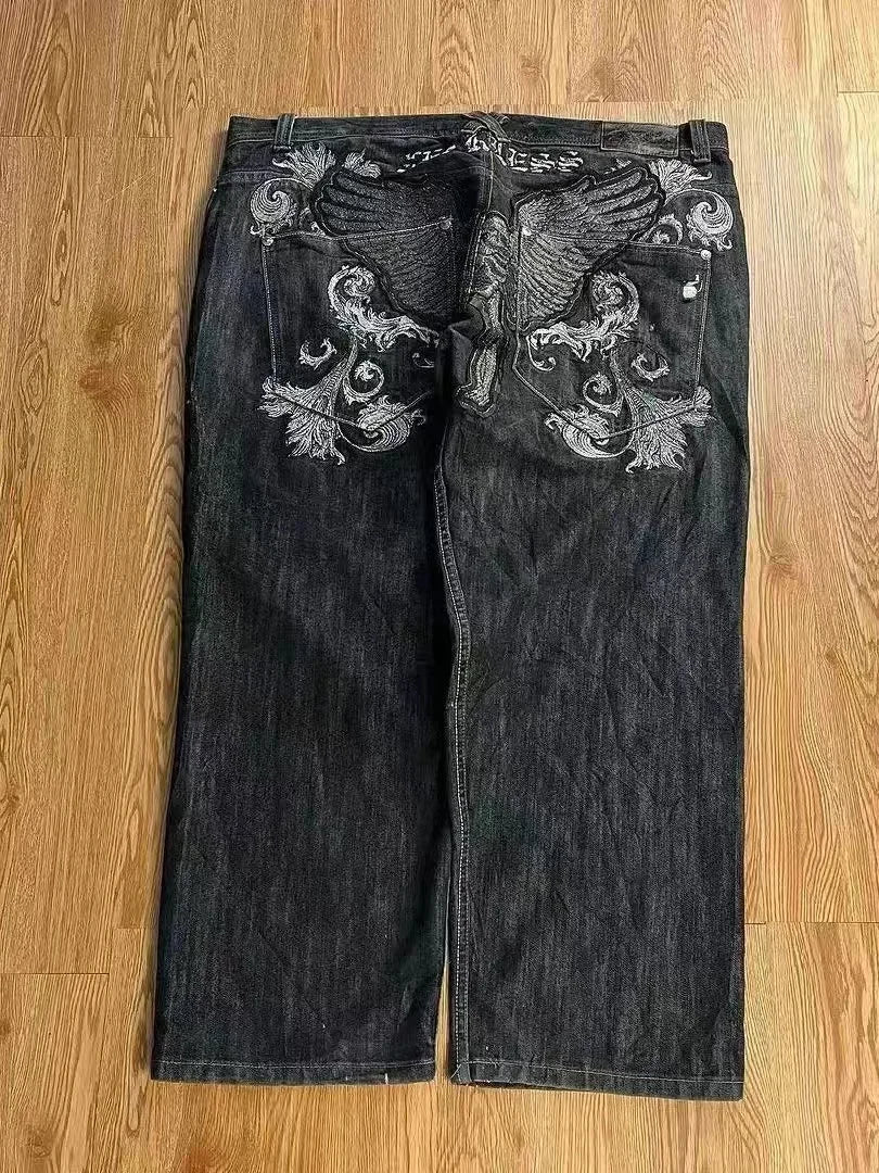 American retro washed letter spliced denim trousers high street trendy brand couple loose straight micro-flared long trousers - Matrix Studios