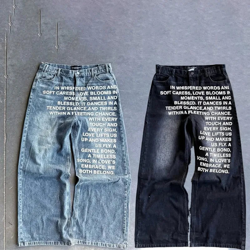 Y2K Men Jeans Vintage American Pattern Letter Jeans Streetwear Gothic Harajuku Hip Hop Men Women Fashion Casual Wide Leg Jeans - Matrix Studios
