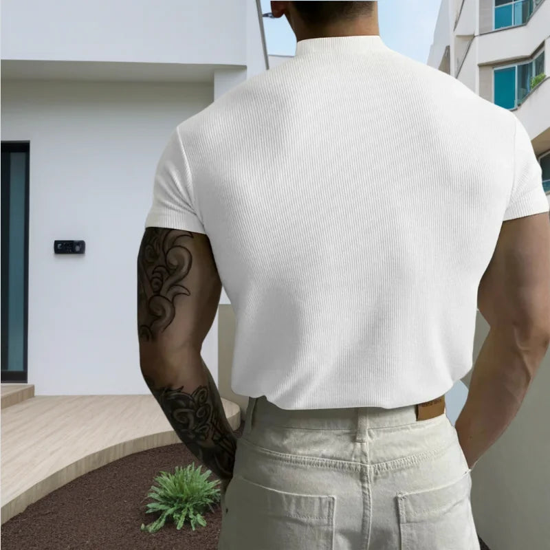 spring summer Elastic Comfortable Men's T-shirt Small high collar stripe shirt short sleeve fitness tops sports casual T-shirt - Matrix Studios