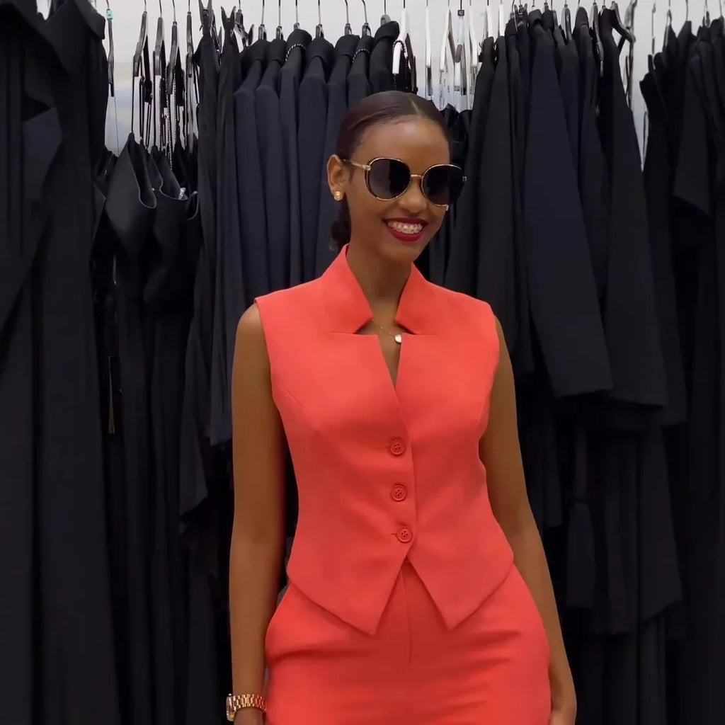 Two Piece Sets Women Pant Set V Neck Sleeveless Single Breasted Blazer Suits Tops Wide Leg Long Pants High Waist Matching Sets - Matrix-studios.com