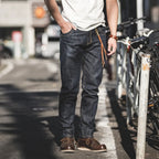 Maden Men's 14oz Raw Selvedge Denim Jeans Vintage Straight Fit Horsehide Leather Patch Paris Buckle Jeans for Autumn and Winter - Matrix Studios