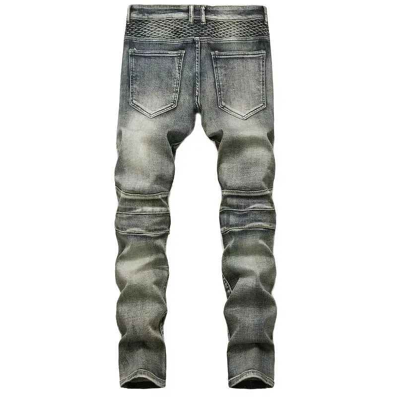 Men's New Casual Motorcycle Jeans Hip Hop Street Riding Stretch Slim Fit Straight Pants Patchwork Fashion Denim Trousers Male - Matrix Studios