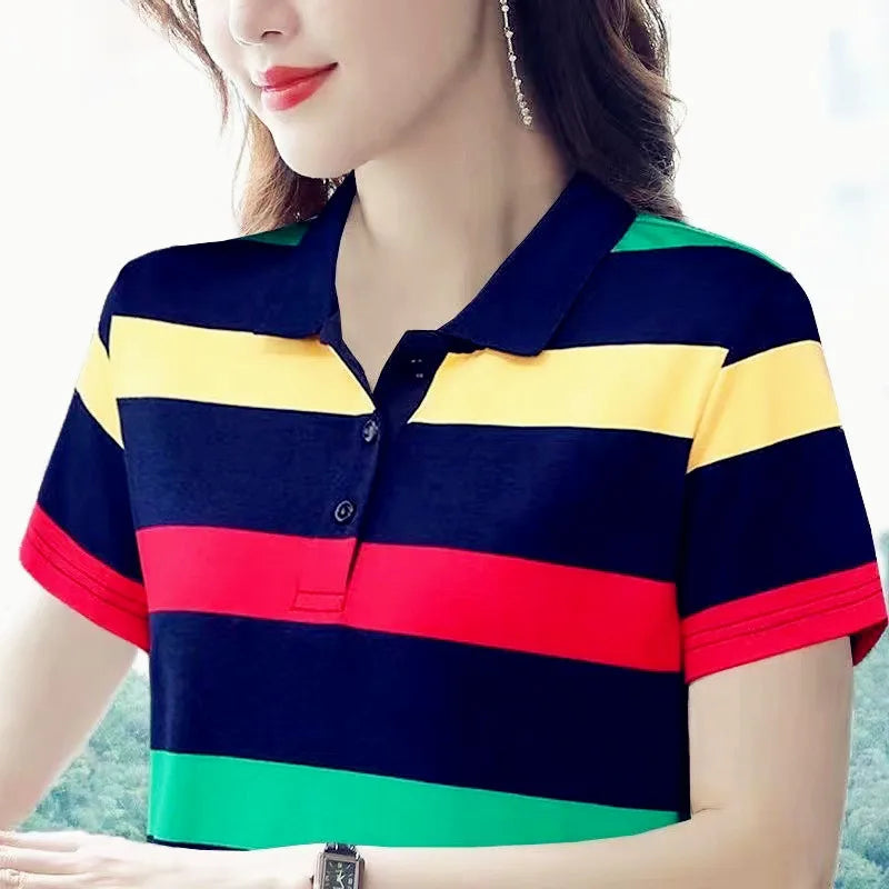 Women Summer Tops Strip Tees Sexy Vintage Short Sleeve 5XL Polo T Shirts Loose Casual Befree Boho Tees - Matrix-studios.com