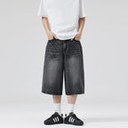 2025 Summer American Lightning Crack Black Grey Jeans Men's Straight Tube Loose Wide Leg Shorts Y2k Street Hip Hop Sevens