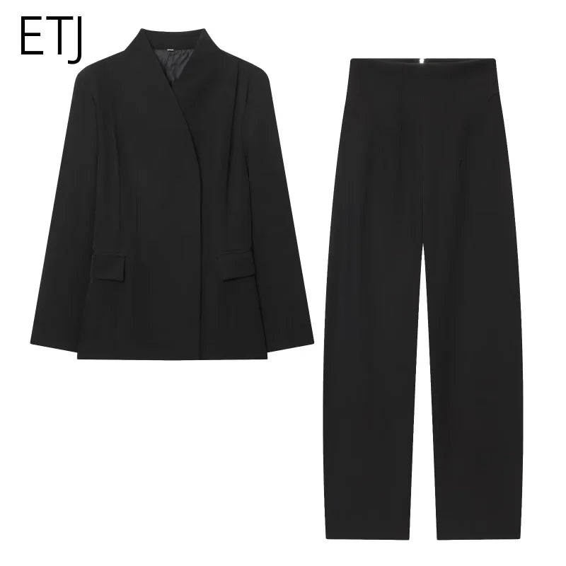 ETJ 2025 women's new fashion design three-dimensional cut high collar slim suit jacket & matching casual trousers - Matrix-studios.com