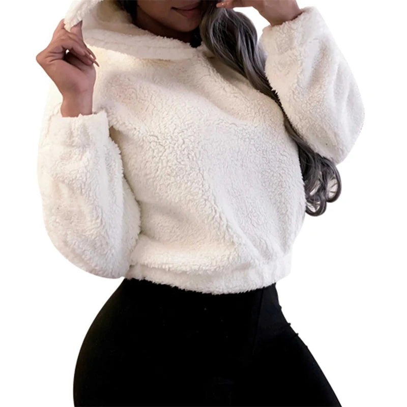 Winter Korean Fashion Bear Ears Cute Loose Hoodie Fluffy Hooded Warm Sweatshirt Long Sleeve Top Solid Pullover Clothes For Women - Matrix Studios