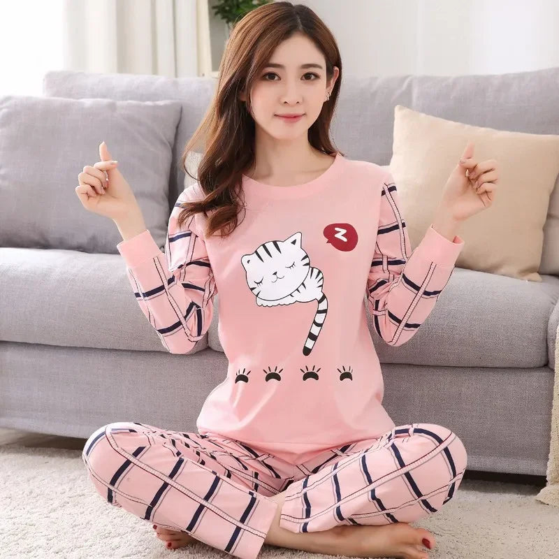 Autumn Thin 2pieces Pyjamas Set Women 2025 Round Neck Girls Bear Pajamas Sets Teacup Cat Full Sleepwear Tops lovers Pajama Mujer - Matrix-studios.com