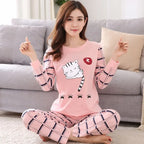 Autumn Thin 2pieces Pyjamas Set Women 2025 Round Neck Girls Bear Pajamas Sets Teacup Cat Full Sleepwear Tops lovers Pajama Mujer - Matrix-studios.com