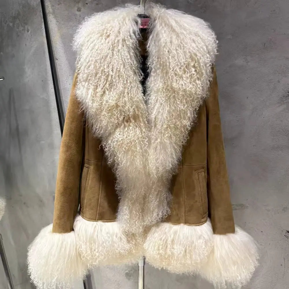 Sheep Fur Leather Coats Women Winter Luxury Mongolian Fur Leather Jackets with Long Sleeve with Natural Mongolian Fur 7251 - Matrix Studios