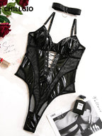 CHILLGIO Women Sexy PU Mesh Strappy Bodysuits Lace-up Tight Catsuits Hollow Slim Rompers Fashion One Piece Combination Oneise - Matrix Studios