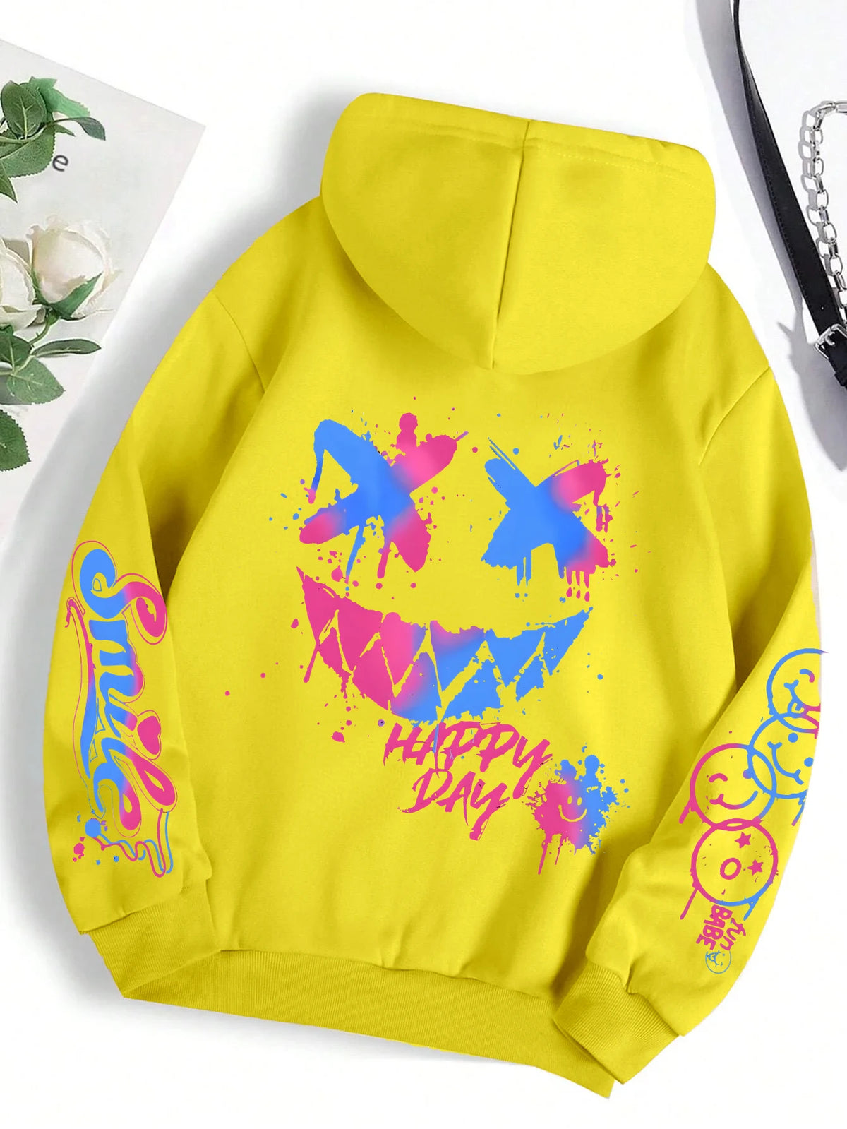Happy Day Graffiti Print Women Hoodie Street Hip Hop Hoody Fashion Crewneck Versatile Hoodies Vintage Oversize Clothes Female - Matrix Studios