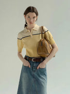 French Contrast Polo Collar Knitted T-Shirt Women's 2025 Summer New Fashion Casual Short Sleeve Top - Matrix-studios.com