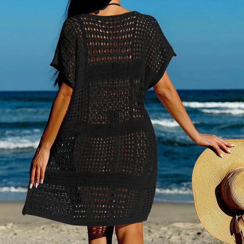 Knitting V-Neck Sexy Hollow Out Beach Bikini Cover-Ups Ladies Summer Vacation Casual Loose Beachwear Sunscreen Smock - Matrix Studios