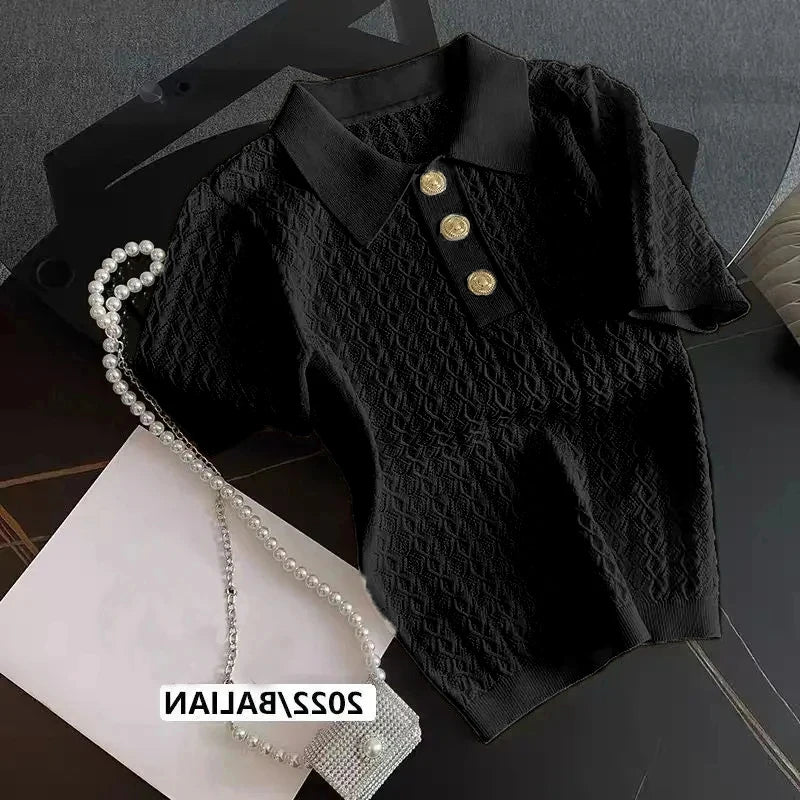 Ice Silk Polo Shirt Knitted Short Sleeve T-Shirt Summer Chic Thin Unique Jacquard Women Tops 2026 Korean Style Women’s Clothing - Matrix-studios.com