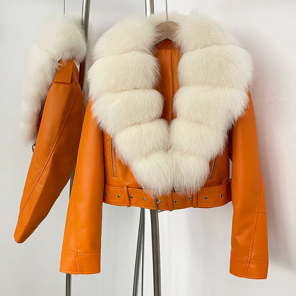 Fake Leather Coat New Natural Fox Fur Autumn Short Faux Leather Jacket Female Spring PU Women Long Sleeve Real Fur Coat Thin - Matrix Studios