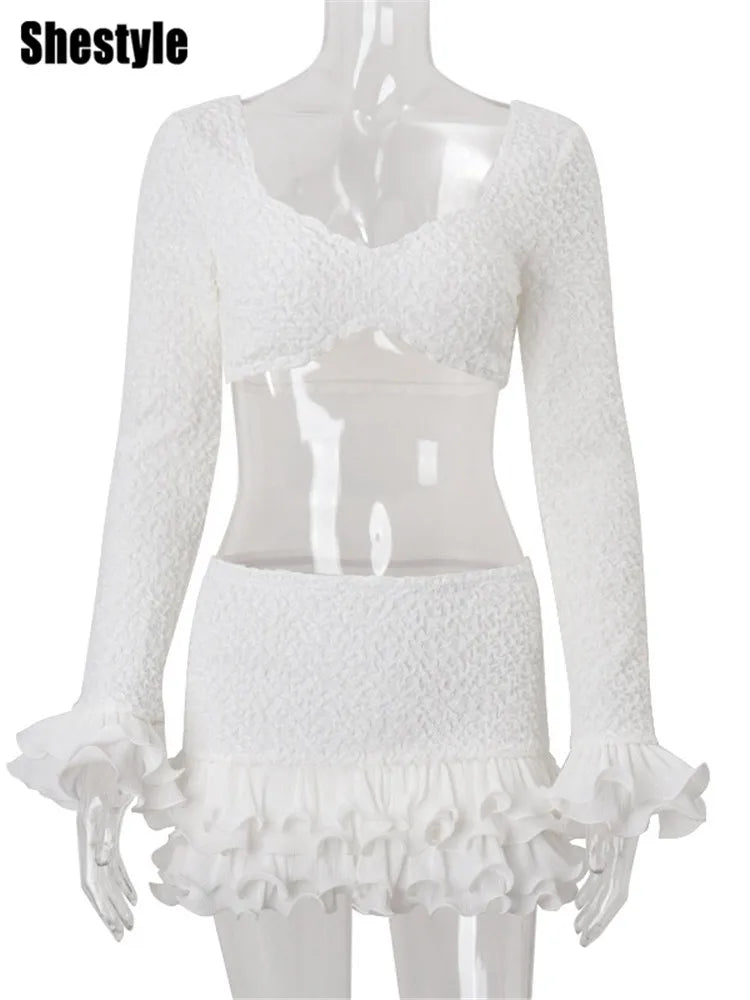 Shestyle Texture White Women 2 Piece Sets Autumn Ruffles Super Short Crop Tops V Neck Sheath Skirts Brand Design Party Outfits - Matrix-studios.com