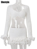 Shestyle Texture White Women 2 Piece Sets Autumn Ruffles Super Short Crop Tops V Neck Sheath Skirts Brand Design Party Outfits - Matrix-studios.com