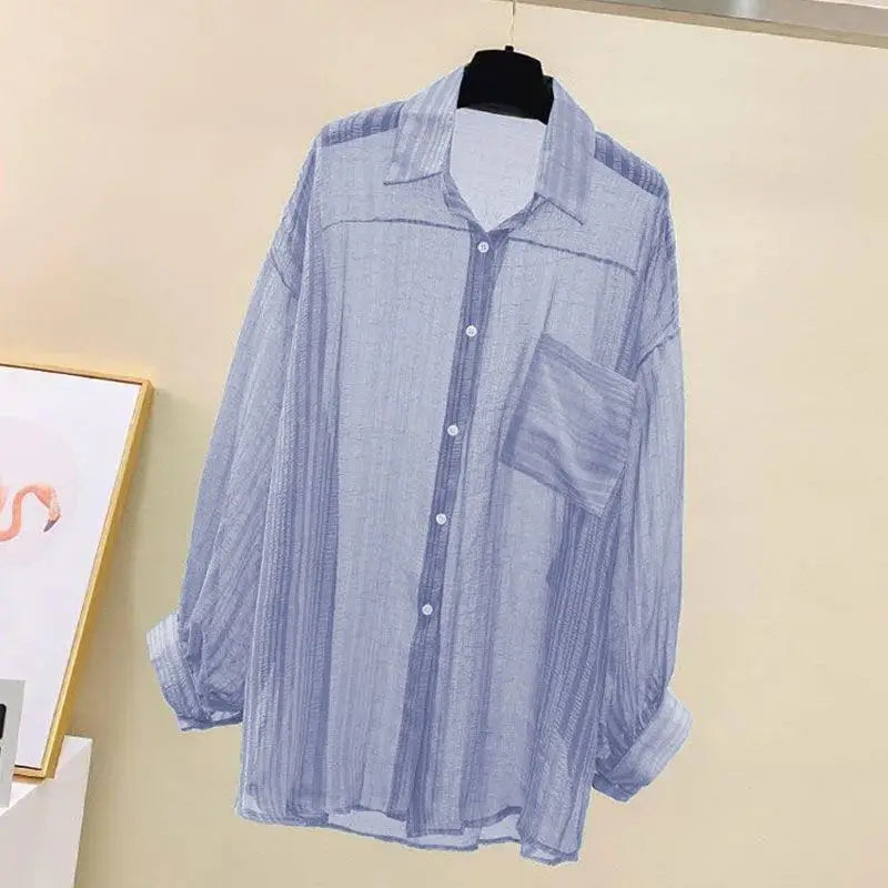 Summer Sunscreen Shirt Elegant Perspective Thin Chiffon Blouse Korean Harajuku See Through Loose Top Casual Women's Cardigan - Matrix-studios.com