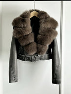 Lagabogy 2024 Big Real Fox Fur Women Vintage Pu Faux Leather Short Jacket With Belt Streetwear Female Zipper Retro Coat Outwear - Matrix Studios