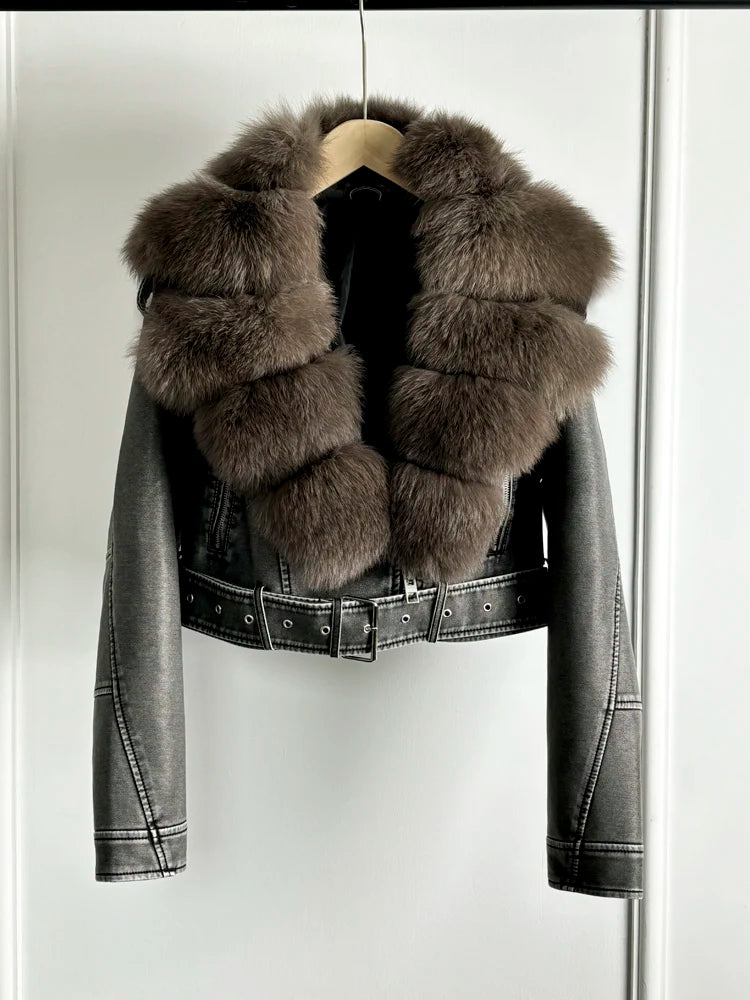 Lagabogy 2024 Big Real Fox Fur Women Vintage Pu Faux Leather Short Jacket With Belt Streetwear Female Zipper Retro Coat Outwear - Matrix Studios