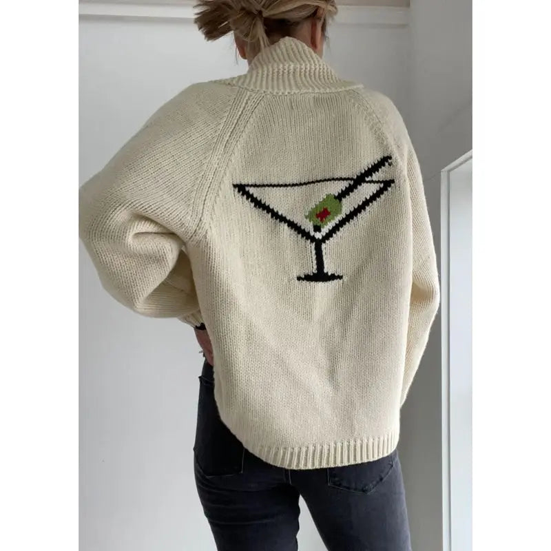 Combhasaki Women Shawl Collar Cardigan Long Sleeve V Neck Y2K Aesthetic Graphic Print Button Down Sweater Knitwear Coat Tops - Matrix Studios
