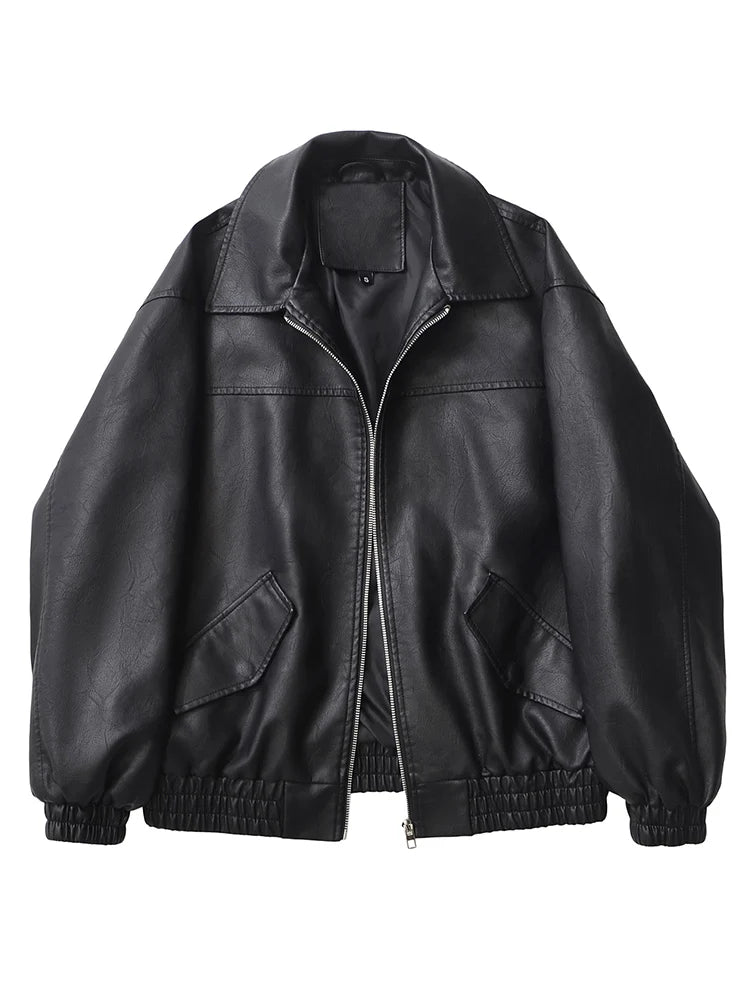 Ailegogo Streetwear Women Retro Loose Short Pu Faux Leather Jacket Spring Autumn Female Zipper Coat Vintage Moto Biker Outwear - Matrix Studios