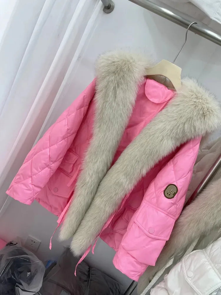 2024 Luxury Fox Fur Collar Long Coats 2024 Women Winter Soft Warm Loose Jacket Puffer Parka Female Windproof Snow Outwear Coats - Matrix Studios