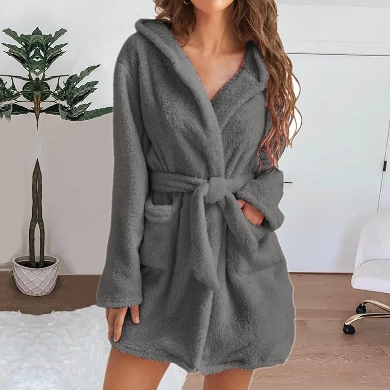 Autumn Winter Women Sexy Bath Robe Fluffy Plush Pyjamas Ladies Hooded Dressing Solid Color Gown Warm Bathrobe Female Loungewear - Matrix-studios.com