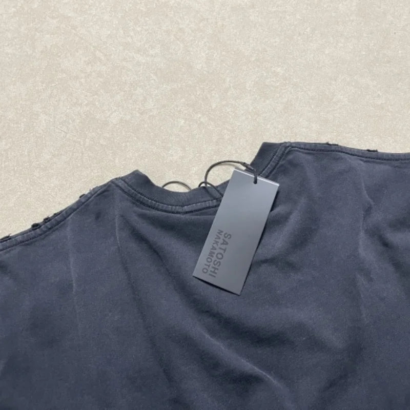 Good Quality Damaged Hole Oversized Tee Logo Embroidery Satoshi T-Shirt Washed Brown Black T Shirt Man - Matrix-studios.com