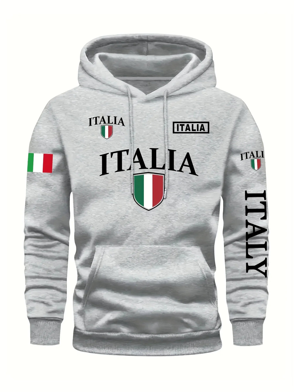 Men's Italy Flag Shield Bold ITALY Letter Print Hoodie Grey Casual Pullover Front Pocket Ribbed Cuffs Comfort Fit Urban Fashion - Matrix Studios