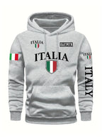 Men's Italy Flag Shield Bold ITALY Letter Print Hoodie Grey Casual Pullover Front Pocket Ribbed Cuffs Comfort Fit Urban Fashion - Matrix Studios