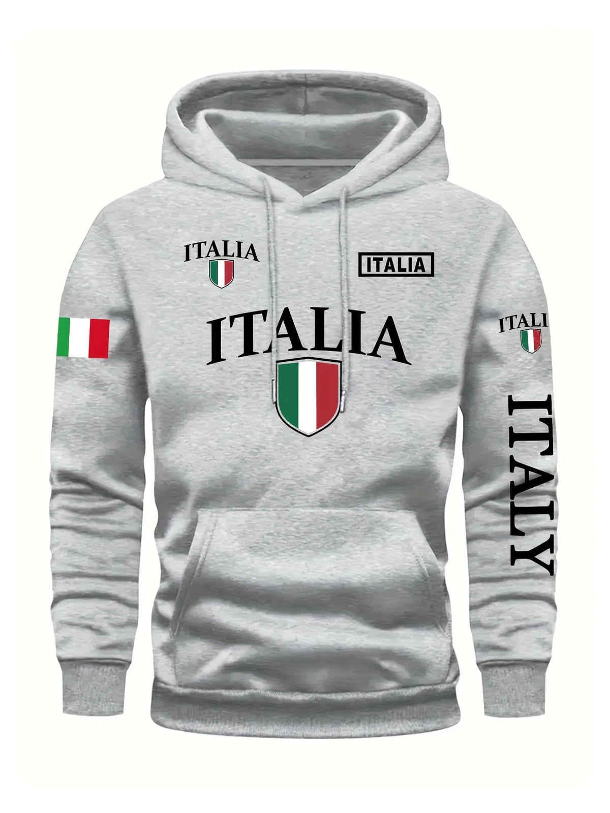 Men's Italy Flag Shield Bold ITALY Letter Print Hoodie Grey Casual Pullover Front Pocket Ribbed Cuffs Comfort Fit Urban Fashion - Matrix Studios