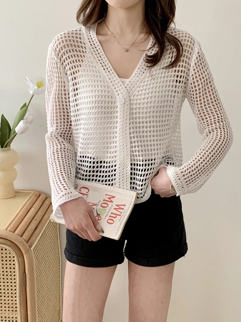 Single Button Crochet Mesh Cardigan for Women Semi Sheer Openwork Sunscreen Jacket Cover Up Summer Hollow-out Knitted Cardigan - Matrix Studios