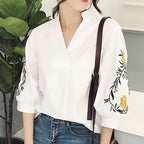 Women Embroidery Floral Casual Striped White Blouses and Shirts Female Three Quarter Sleeve Loose Tops Fashion V-Neck Blusas - Matrix-studios.com
