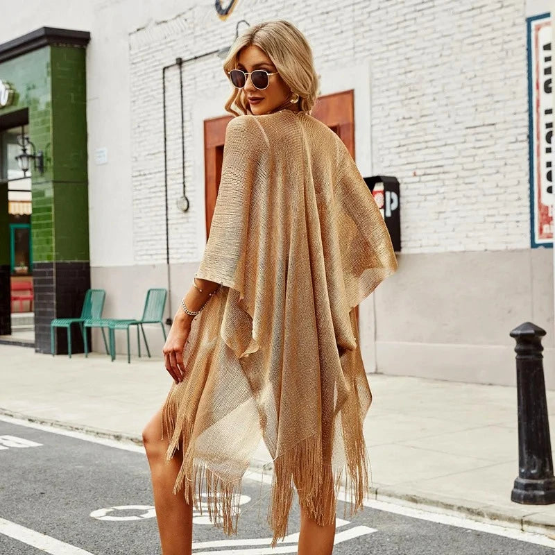 Swimsuit Cover-ups  Fashion Tassel Gold Bikini Beach Cover Up Sexy Beach Dress Tunics for Women Summer Wear See Through - Matrix Studios