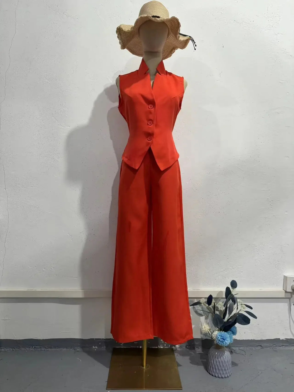 Two Piece Sets Women Pant Set V Neck Sleeveless Single Breasted Blazer Suits Tops Wide Leg Long Pants High Waist Matching Sets - Matrix-studios.com