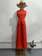 Two Piece Sets Women Pant Set V Neck Sleeveless Single Breasted Blazer Suits Tops Wide Leg Long Pants High Waist Matching Sets - Matrix-studios.com