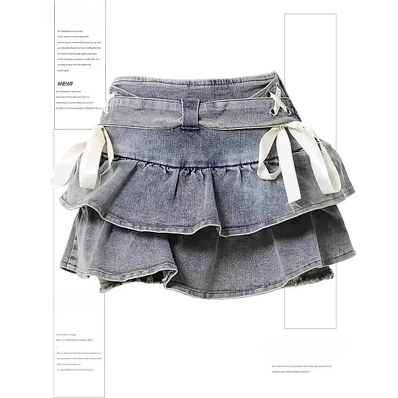 Women's Blue Black Riveted Belt Denim Skirt Y2K Harajuku High Street Fashion 90s Sexy A-line Mini Skirt Summer Clothing 2026 New - Matrix-studios.com
