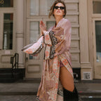 Floal Bikini Cover-ups Pink Boho Print Self Belted Front Open Long Kimono Dress Beach Tunic Women Swim Suit Cover Up - Matrix Studios